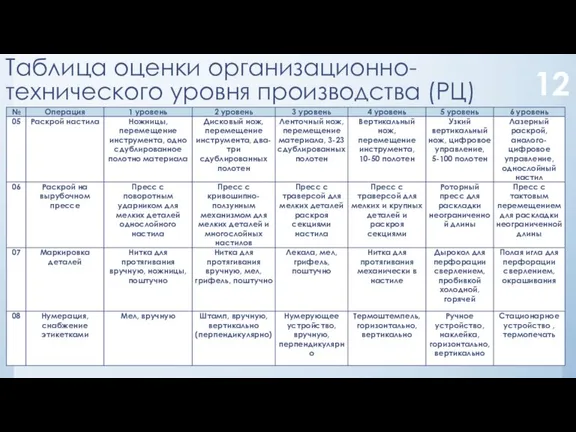 Таблица оценки организационно-технического уровня производства (РЦ) 12