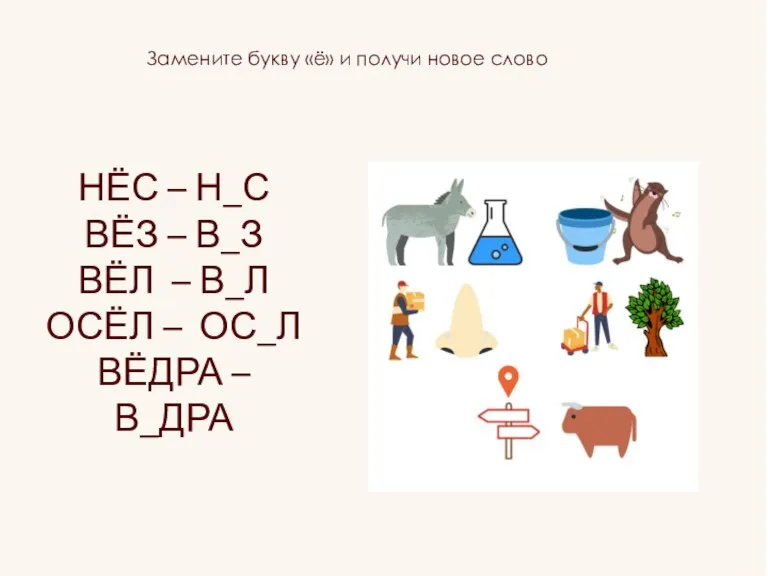 Замените букву «ё» и получи новое слово НЁС – Н_С ВЁЗ –