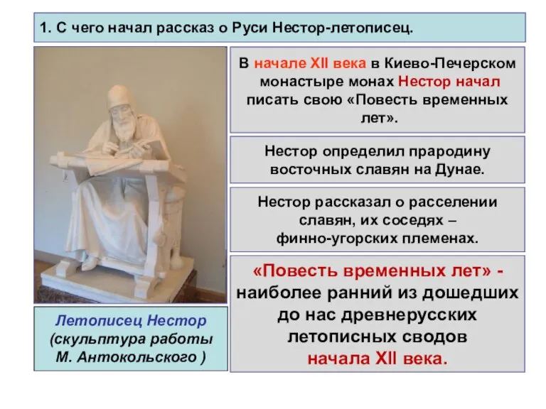 1. С чего начал рассказ о Руси Нестор-летописец. В начале XII века