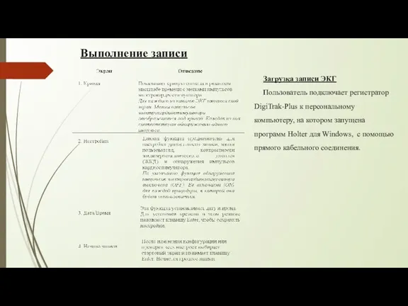 Выполнение записи Загрузка записи ЭКГ Пользователь подключает регистратор DigiTrak-Plus к персональному компьютеру,