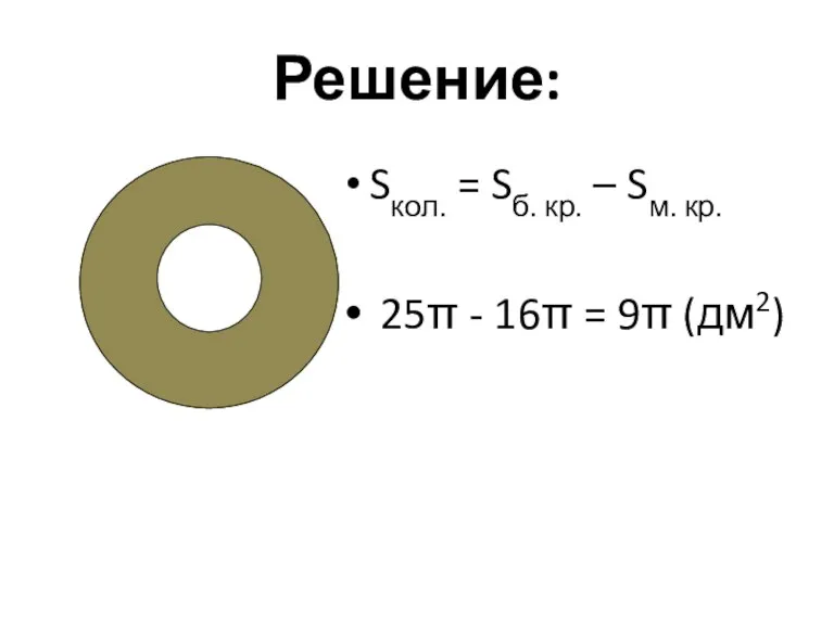 Решение: Sкол. = Sб. кр. – Sм. кр. 25π - 16π = 9π (дм2)