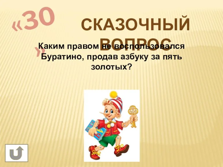 «30» СКАЗОЧНЫЙ ВОПРОС Каким правом не воспользовался Буратино, продав азбуку за пять золотых?