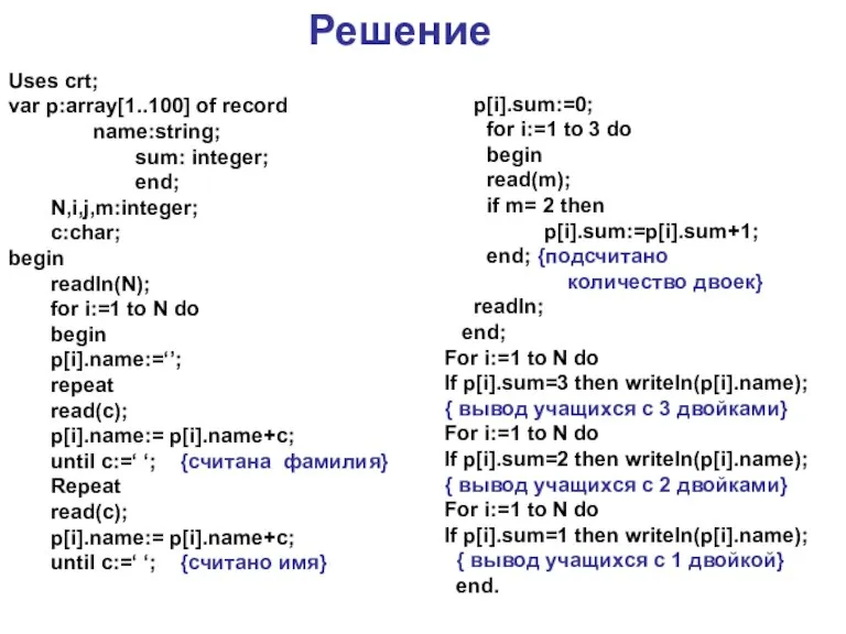 Решение Uses crt; var p:array[1..100] of record name:string; sum: integer; end; N,i,j,m:integer;