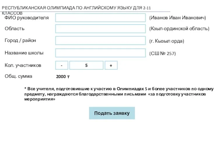 РЕСПУБЛИКАНСКАЯ ОЛИМПИАДА ПО АНГЛИЙСКОМУ ЯЗЫКУ ДЛЯ 2-11 КЛАССОВ ФИО руководителя Область Город