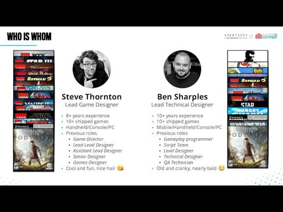 WHO IS WHOM Steve Thornton Lead Game Designer Ben Sharples Lead Technical