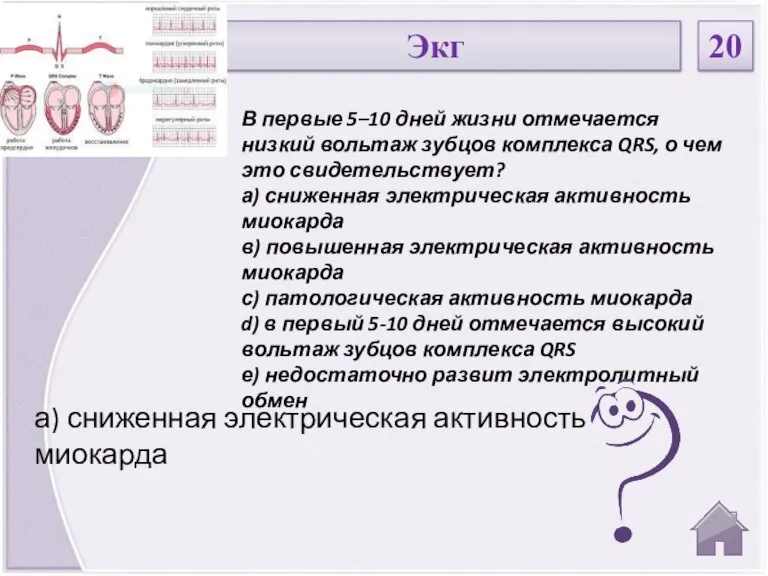 а) сниженная электрическая активность миокарда В первые 5–10 дней жизни отмечается низкий