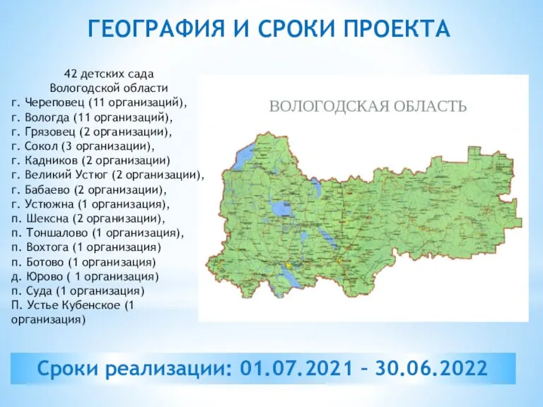 ГЕОГРАФИЯ И СРОКИ ПРОЕКТА 42 детских сада Вологодской области г. Череповец (11