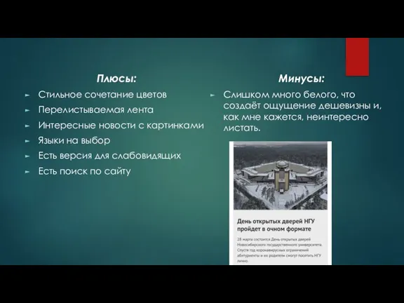 Плюсы: Стильное сочетание цветов Перелистываемая лента Интересные новости с картинками Языки на