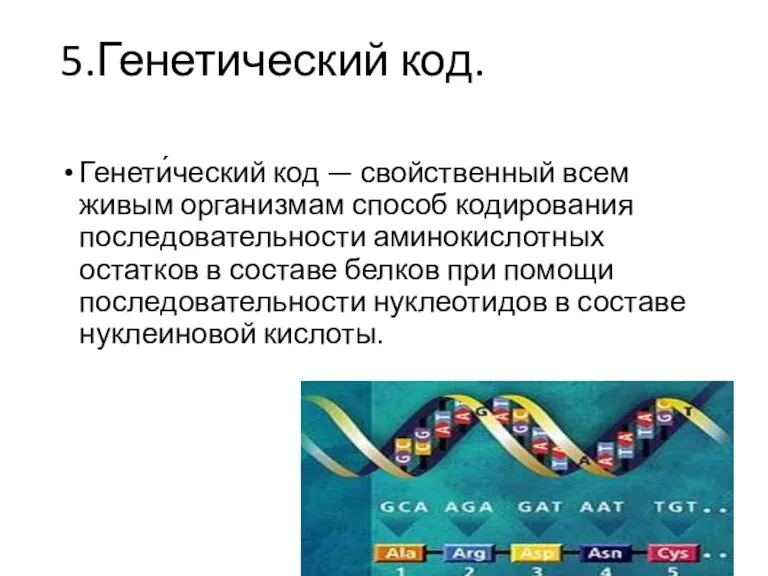 5.Генетический код. Генети́ческий код — свойственный всем живым организмам способ кодирования последовательности