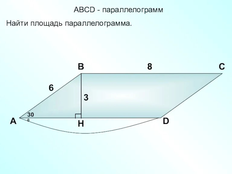 Найти площадь параллелограмма. А В С D 6 300 8 8 3 АBCD - параллелограмм