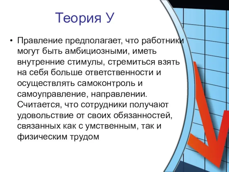 Теория У Правление предполагает, что работники могут быть амбициозными, иметь внутренние стимулы,