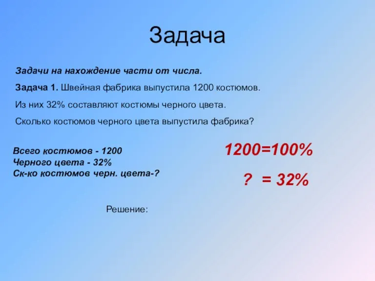 Задача Задачи на нахождение части от числа. Задача 1. Швейная фабрика выпустила