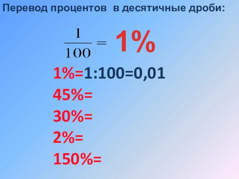 1%=1:100=0,01 45%= 30%= 2%= 150%= Перевод процентов в десятичные дроби: 1%
