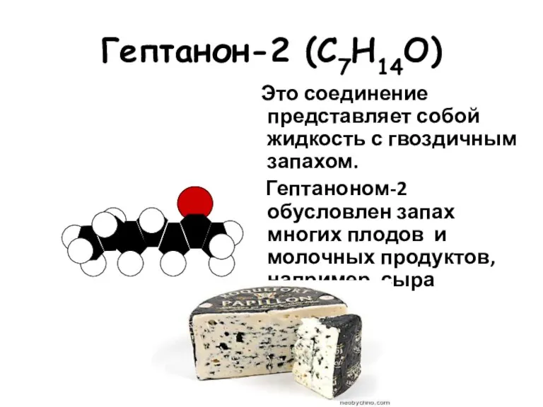 Гептанон-2 (С7Н14О) Это соединение представляет собой жидкость с гвоздичным запахом. Гептаноном-2 обусловлен