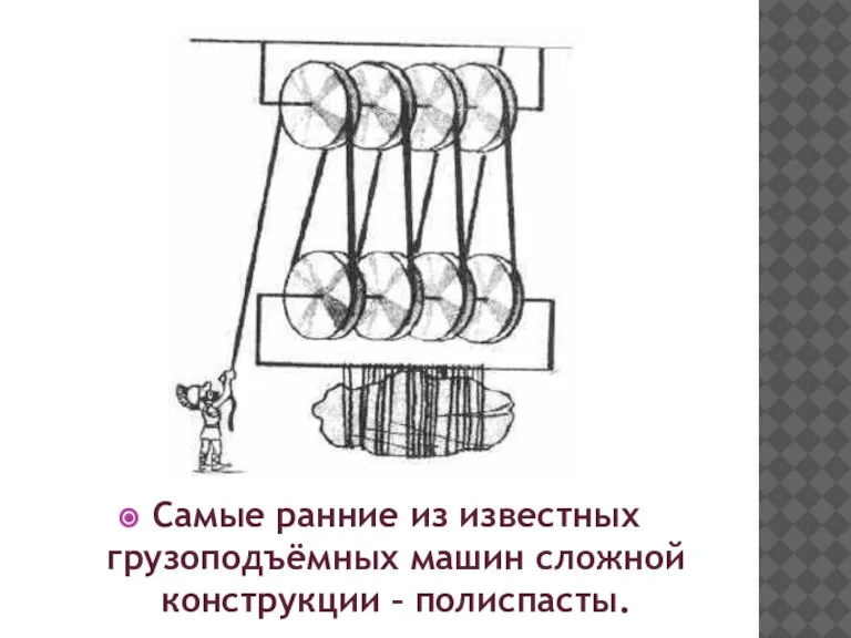 Самые ранние из известных грузоподъёмных машин сложной конструкции – полиспасты.