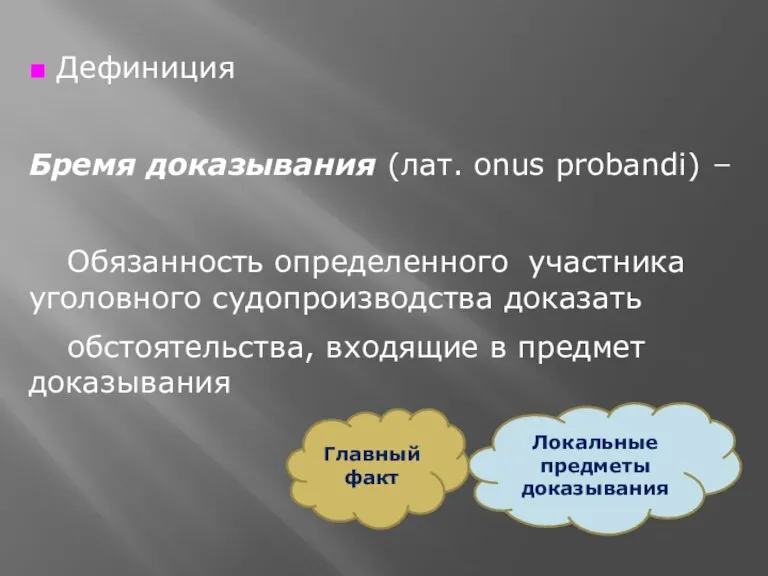 ■ Дефиниция Бремя доказывания (лат. onus probandi) ̶ Обязанность определенного участника уголовного