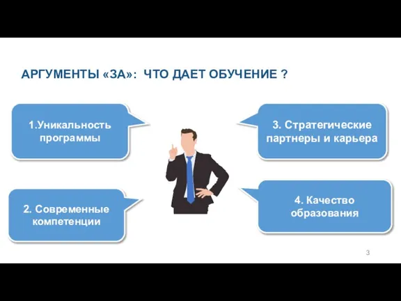 АРГУМЕНТЫ «ЗА»: ЧТО ДАЕТ ОБУЧЕНИЕ ? 1.Уникальность программы 2. Современные компетенции 3.