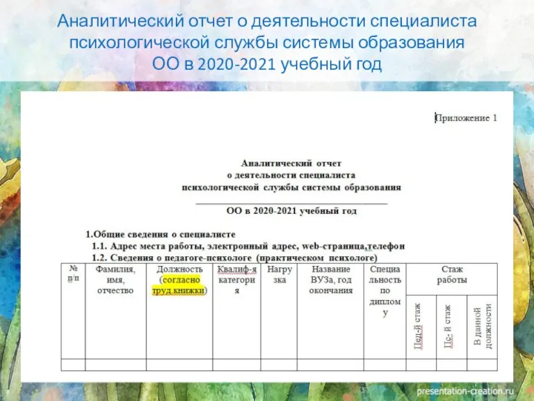 Аналитический отчет о деятельности специалиста психологической службы системы образования ОО в 2020-2021 учебный год