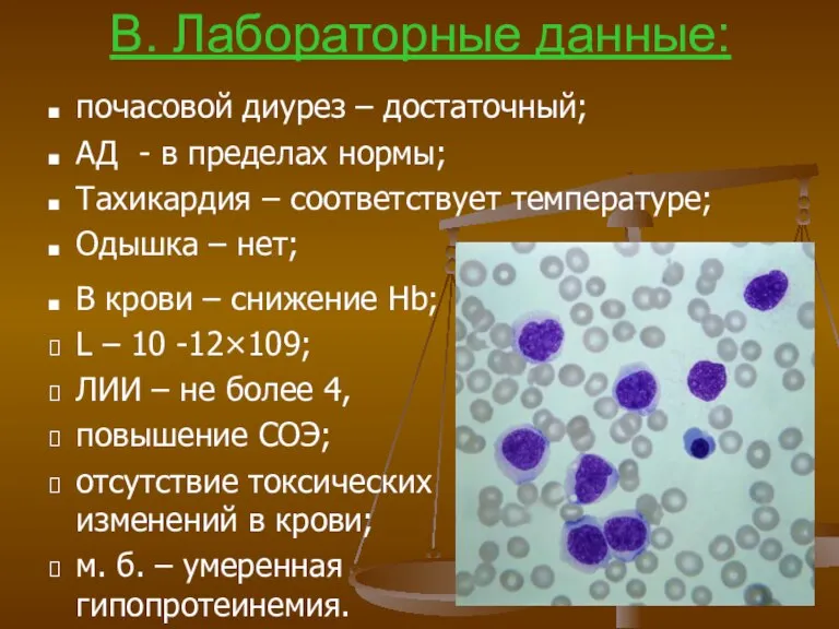 В. Лабораторные данные: почасовой диурез – достаточный; АД - в пределах нормы;