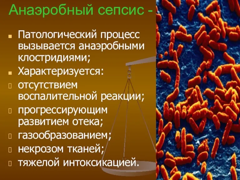 Анаэробный сепсис - Патологический процесс вызывается анаэробными клостридиями; Характеризуется: отсутствием воспалительной реакции;