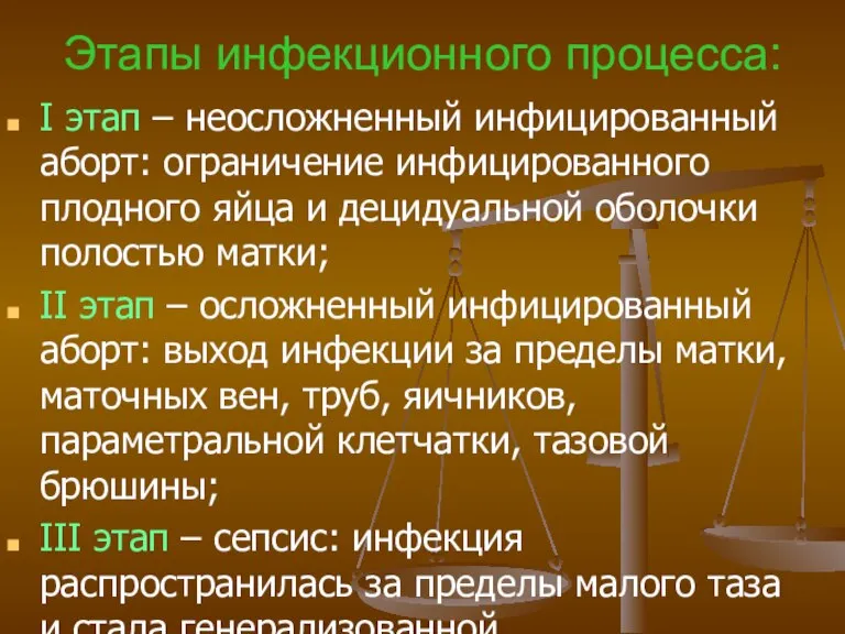 Этапы инфекционного процесса: I этап – неосложненный инфицированный аборт: ограничение инфицированного плодного