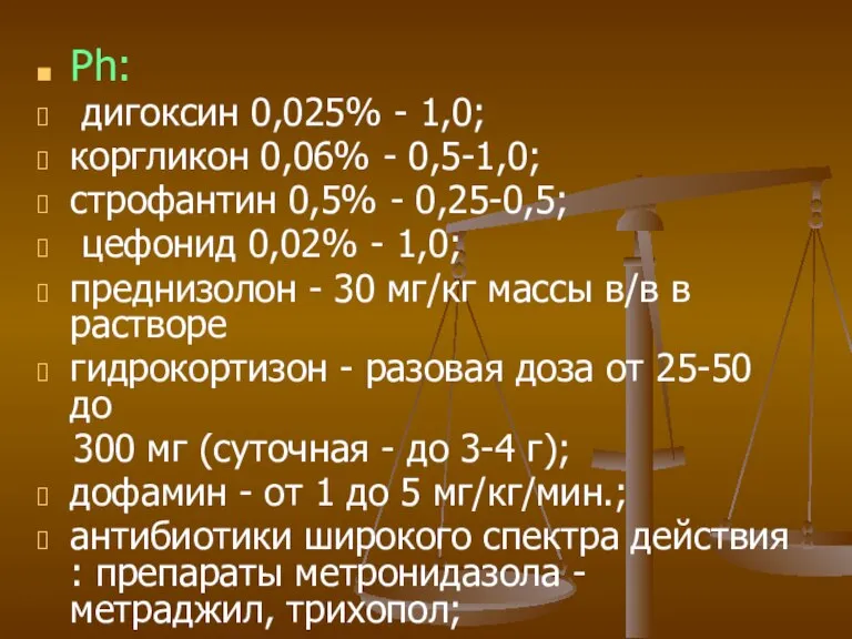 Ph: дигоксин 0,025% - 1,0; коргликон 0,06% - 0,5-1,0; строфантин 0,5% -