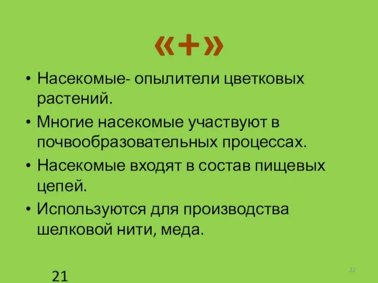 Насекомые- опылители цветковых растений. Многие насекомые участвуют в почвообразовательных процессах. Насекомые входят