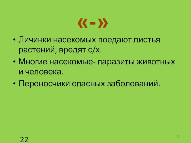 Личинки насекомых поедают листья растений, вредят с/х. Многие насекомые- паразиты животных и