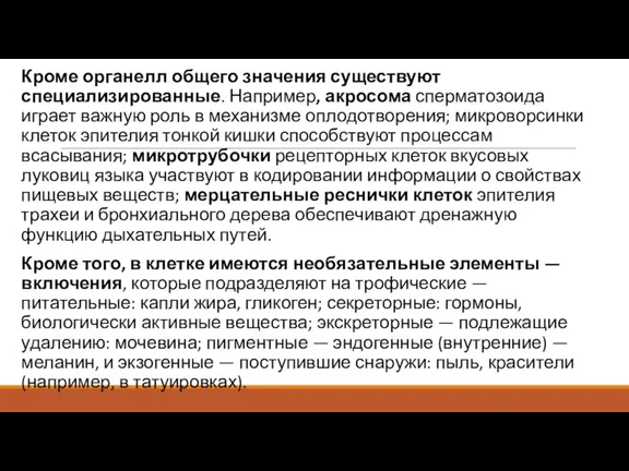 Кроме органелл общего значения существуют специализированные. Например, акросома сперматозоида играет важную роль