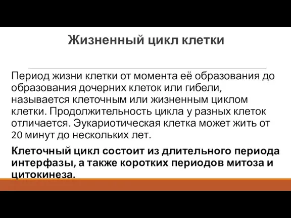 Жизненный цикл клетки Период жизни клетки от момента её образования до образования