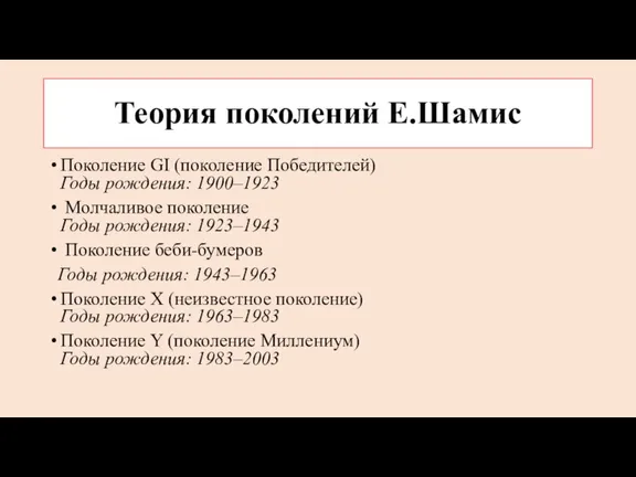 Теория поколений Е.Шамис Поколение GI (поколение Победителей) Годы рождения: 1900–1923 Молчаливое поколение