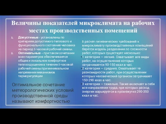 Допустимые - установлены по критериям допустимого теплового и функционального состояния человека на