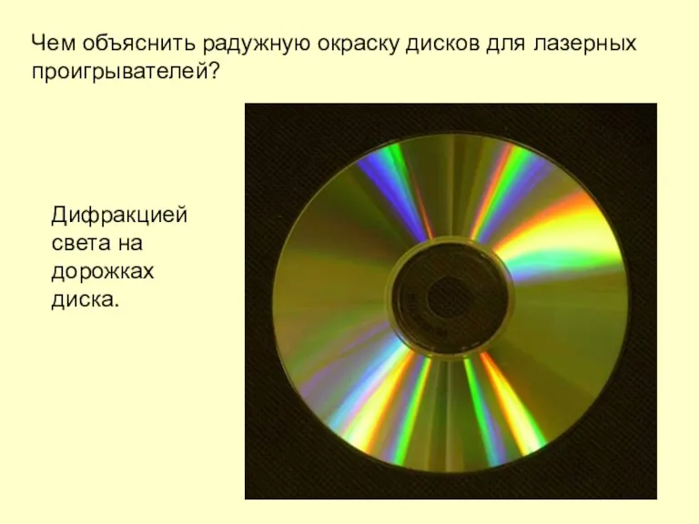 Чем объяснить радужную окраску дисков для лазерных проигрывателей? Дифракцией света на дорожках диска.