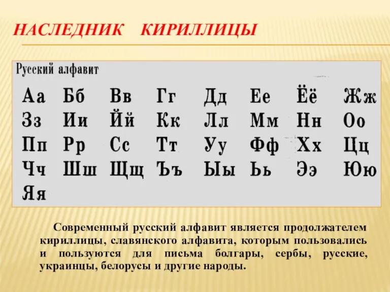 НАСЛЕДНИК КИРИЛЛИЦЫ Современный русский алфавит является продолжателем кириллицы, славянского алфавита, которым пользовались