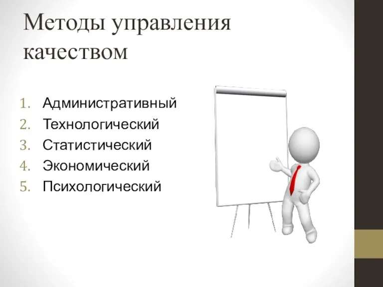 Методы управления качеством Административный Технологический Статистический Экономический Психологический