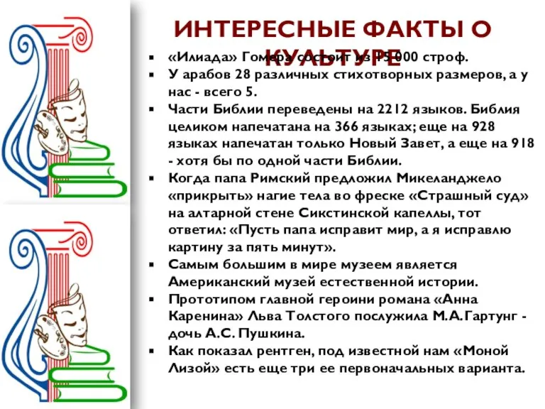 ИНТЕРЕСНЫЕ ФАКТЫ О КУЛЬТУРЕ «Илиада» Гомера состоит из 15 000 строф. У