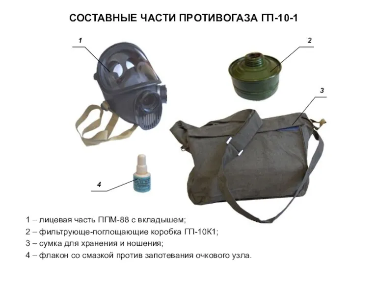 СОСТАВНЫЕ ЧАСТИ ПРОТИВОГАЗА ГП-10-1 1 4 2 3 1 – лицевая часть