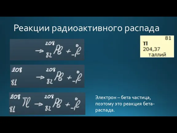 Реакции радиоактивного распада Электрон – бета частица, поэтому это реакция бета-распада.