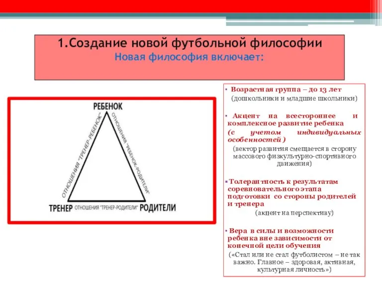 1.Создание новой футбольной философии Новая философия включает: Возрастная группа – до 13