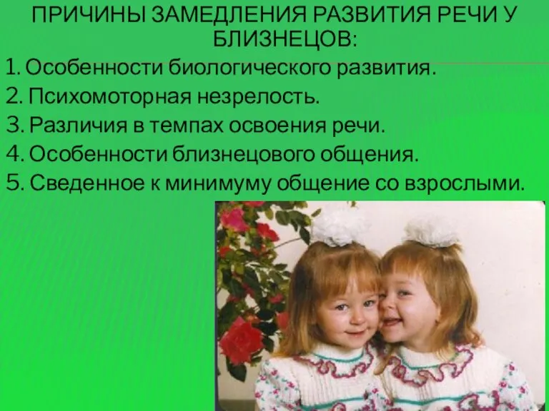 ПРИЧИНЫ ЗАМЕДЛЕНИЯ РАЗВИТИЯ РЕЧИ У БЛИЗНЕЦОВ: 1. Особенности биологического развития. 2. Психомоторная