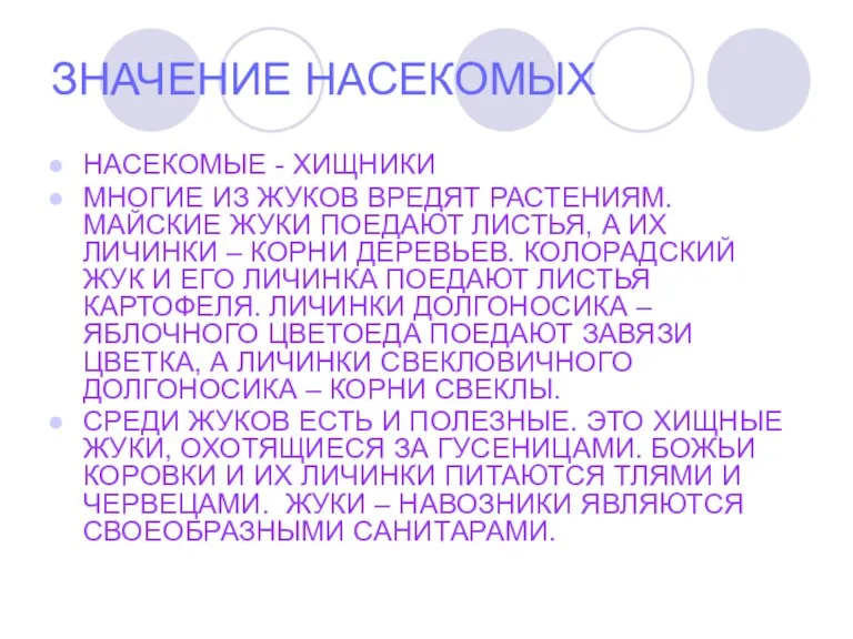 ЗНАЧЕНИЕ НАСЕКОМЫХ НАСЕКОМЫЕ - ХИЩНИКИ МНОГИЕ ИЗ ЖУКОВ ВРЕДЯТ РАСТЕНИЯМ. МАЙСКИЕ ЖУКИ