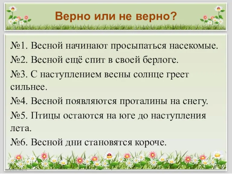 Верно или не верно? №1. Весной начинают просыпаться насекомые. №2. Весной ещё