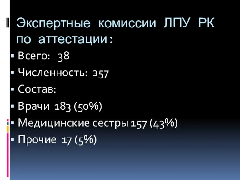 Экспертные комиссии ЛПУ РК по аттестации: Всего: 38 Численность: з57 Состав: Врачи