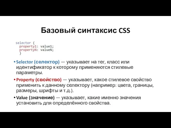 Базовый синтаксис CSS Selector (селектор) — указывает на тег, класс или идентификатор