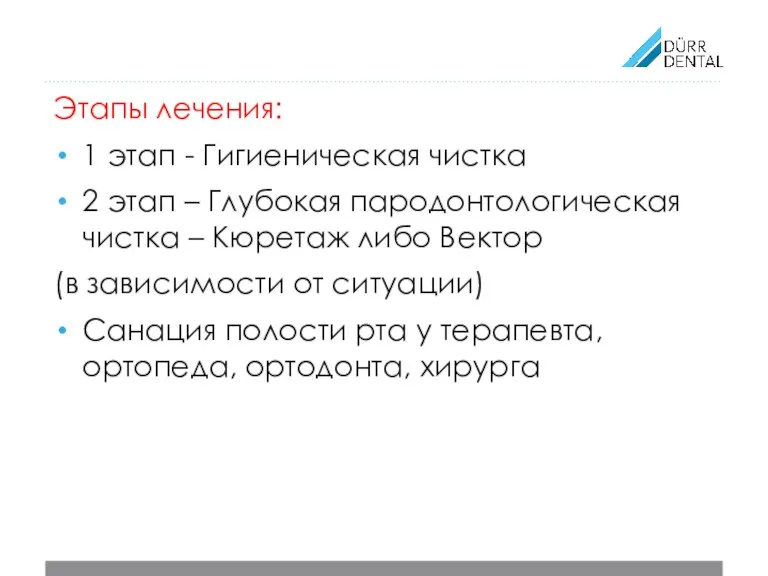 Этапы лечения: 1 этап - Гигиеническая чистка 2 этап – Глубокая пародонтологическая