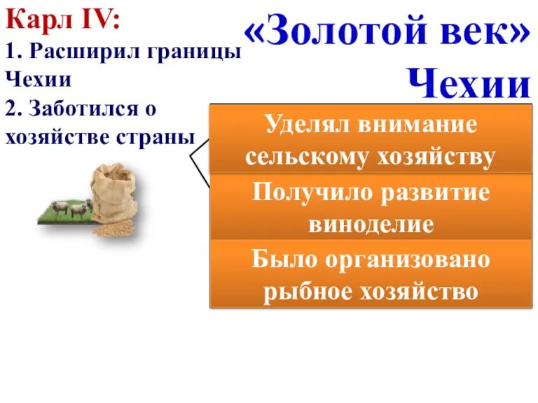 Карл IV: 1. Расширил границы Чехии 2. Заботился о хозяйстве страны Покупал