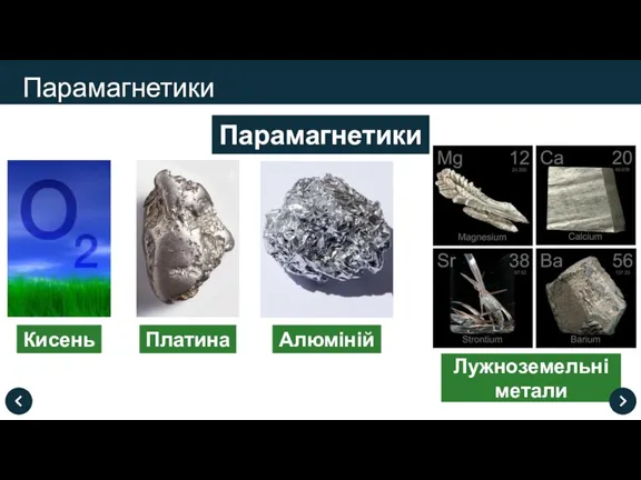 Лужноземельні метали Парамагнетики Парамагнетики Кисень Платина Алюміній