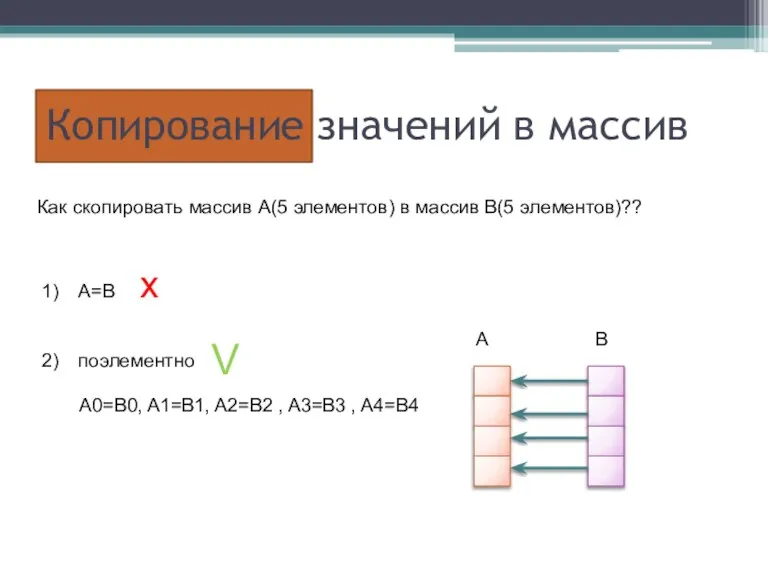 Копирование значений в массив Как скопировать массив A(5 элементов) в массив B(5
