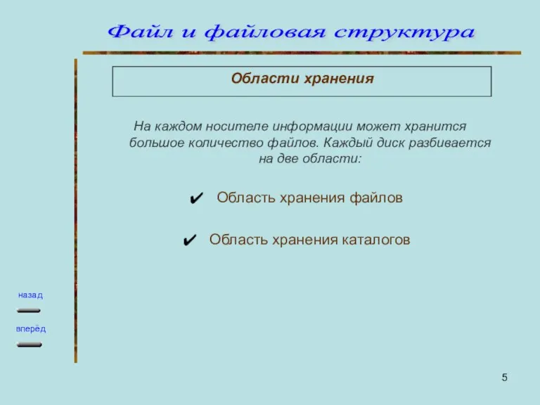 Области хранения На каждом носителе информации может хранится большое количество файлов. Каждый