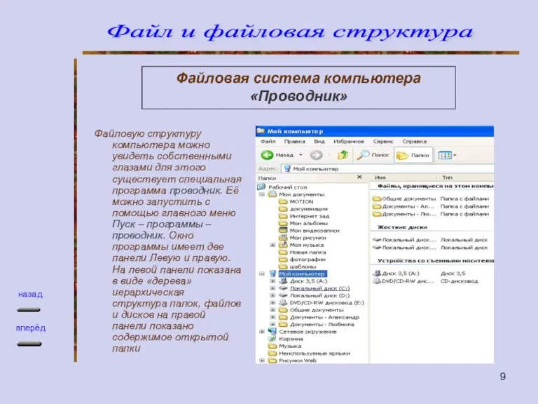 Файловая система компьютера «Проводник» Файловую структуру компьютера можно увидеть собственными глазами для